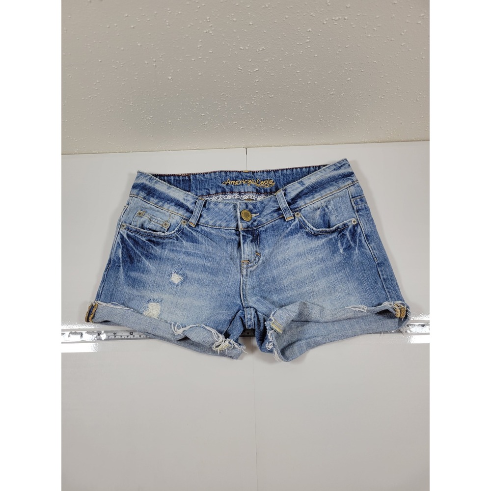Y2K American Eagle Denim Short Women 4 Blue Excellent Distressed Low Rise Cuffed - Picture 1 of 9